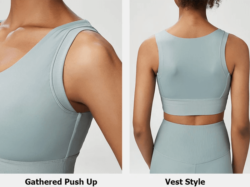 Seamless yoga gear set in blue, featuring a gathered push-up sports bra and vest style design for active women. SF2086.